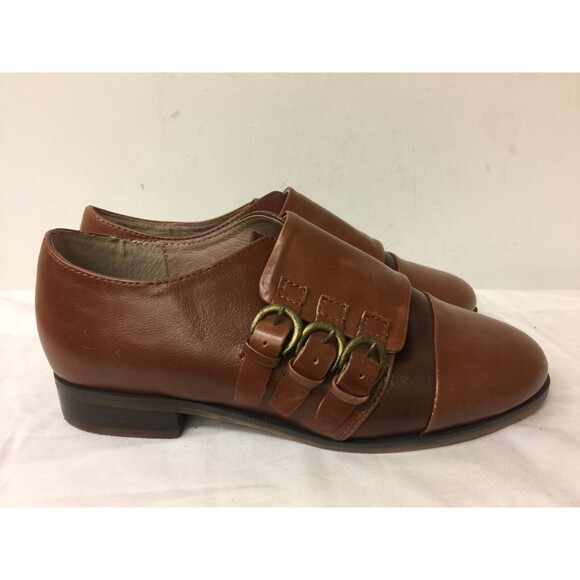 JEFFREY CAMPBELL WOMEN BROWN LOW HEEL LEATHER SHOES  WITH BUCKLE DETAILS SIZE 6M - Picture 3 of 9